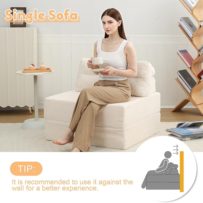 MeMoreCool Instant Guest-Ready Comfort — Convertible Sofa Chair for Small Apartments & dorms, Folds into a futon with Pillow, no Assembly, Space-Saving Design, Perfect for overnights & Studios, Beige