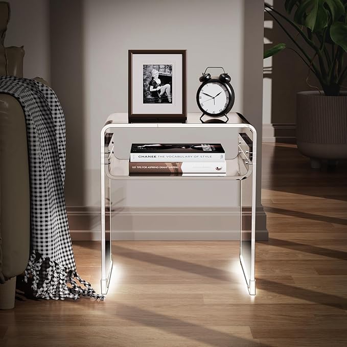 Clear Acrylic End Table 2-Tier Bedside Nightstand for Living Room Bedroom (1, Transparent LED)