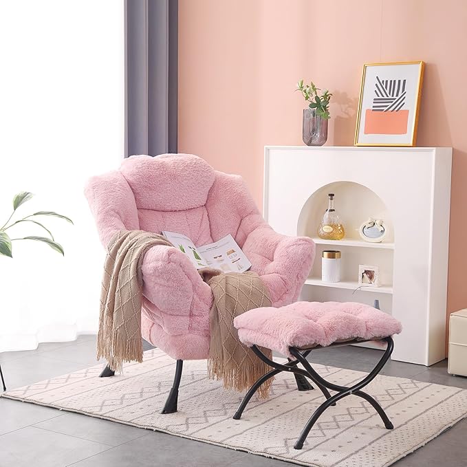 Lazy Chair with Ottoman, Modern Accent Chair Lounge Leisure Sofa Chair with Armrests, Reading Chair and Folding Footstool for Living Room, Bedroom, Office, Plush Pink