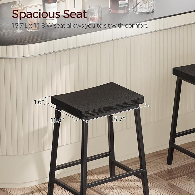 Bar Stools, Counter Height Bar Stools Set of 2, 23.7 Inch Saddle Stools with Footrest, Kitchen Stools, Industrial Style, for Dining Room, Counter, Bar, Black BABK0801