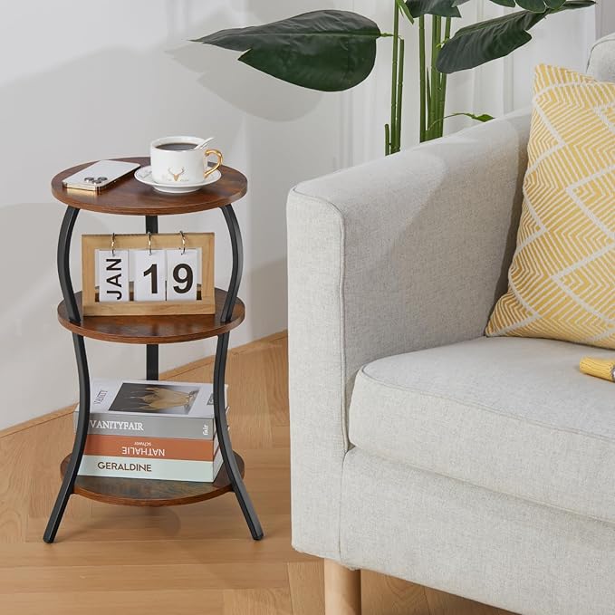 Vintage Small Round Side Table, 3-Tier Slim Waist Circular End Table with Storage Shelf, Compact Tea Sofa Table, Round Corner Coffee Table Nightstand for Living Room Bedroom Small Spaces,Rustic Brown