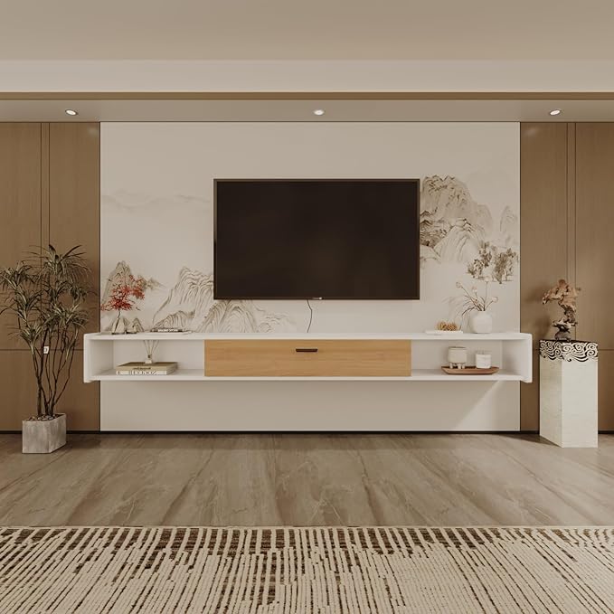 70'' Floating TV Stand,Wall Mounted TV Console,Floating TV Cabinet,Under TV Shelf for Bedroom Living Room(White)