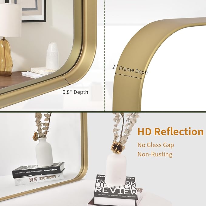 Bathroom Mirror 24x36 inch, Gold Gorgeous Deep Frame Wall Mirror, Modern Round Corner Bathroom Vanity Mirror for Bedroom, Living Room, Hanging or Leaning Horizontal or Vertical, Gold