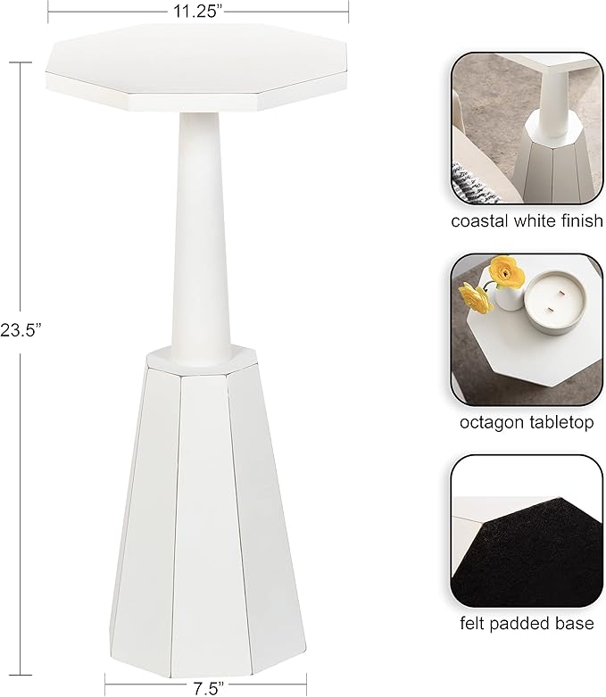 Kate and Laurel Octavia Coastal Accent Drink Table, 11 x 11 x 24, White, Decorative Coastal Cocktail Table with Octagon Shape for Farmhouse Indoor Plant Stand