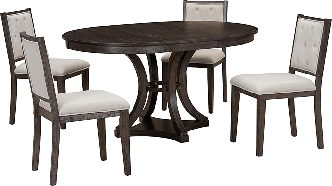 Ball & Cast Retro Dining Table Set for 4 with 4 Upholstered Chairs,5-Piece Wooden Living Room Furniture W/ 42" Round Extendable Kitchen Desk,for Small Space,Apartment,Dining Room,Espresso