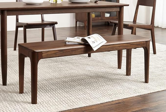 Dining Bench, Wood Bench Solid Oak Wooden Bench Indoor Dining Room Table Home Bedroom Bed End Restaurant Modern Hallway Furniture (Walnut Color, 60" W x 13.8" D x 17.7" H)