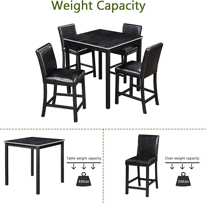 KEIKI 5-Piece Counter Height Dining Table Set with Square Table and 4 Upholstered Chair, for 4 Person, Classic Style Crystal Decoration Wooden Table Set, Easy Assembly, for Kitchen, Dining Room, Black