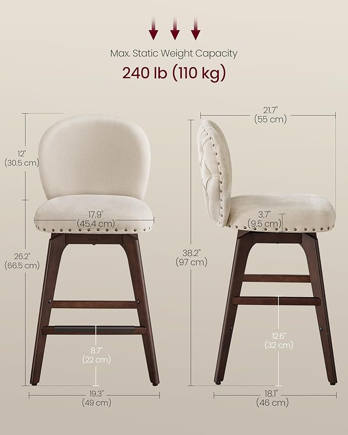 VASAGLE Bar Stools Set of 2, Swivel Counter Height Bar Stools with Back and Wood Legs, Chenille Fabric Upholstered Barstools, 26.2-Inch Tall Counter Barstools for Kitchen Island, Cappuccino Beige