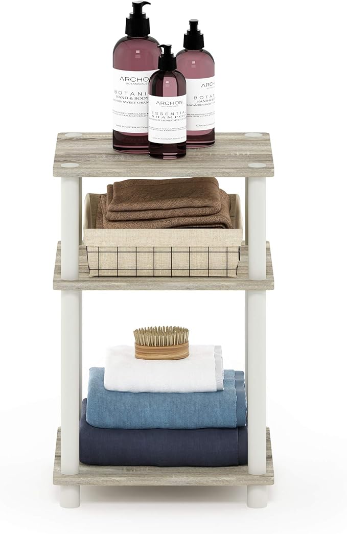 Furinno Just 3-Tier Turn-N-Tube End Table / Side Table / Night Stand / Bedside Table with Plastic Poles, 1-Pack, Sonoma Oak/White