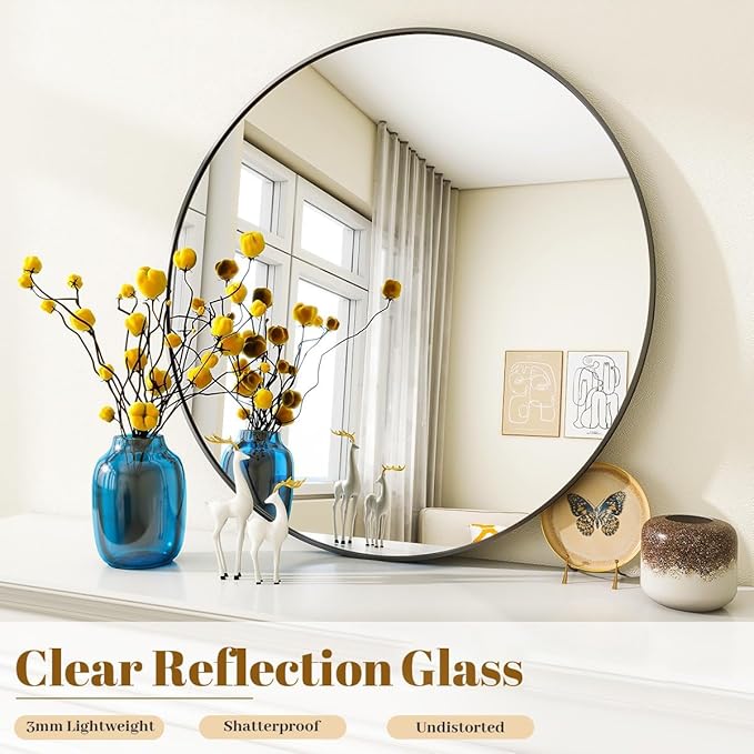 Black Round Bathroom Mirror, 30 inch Circle Wall Mounted Hanging Mirror with Simple Modern Circular Metal Frame for Hallway, Entryway, Living Room, Black Frame