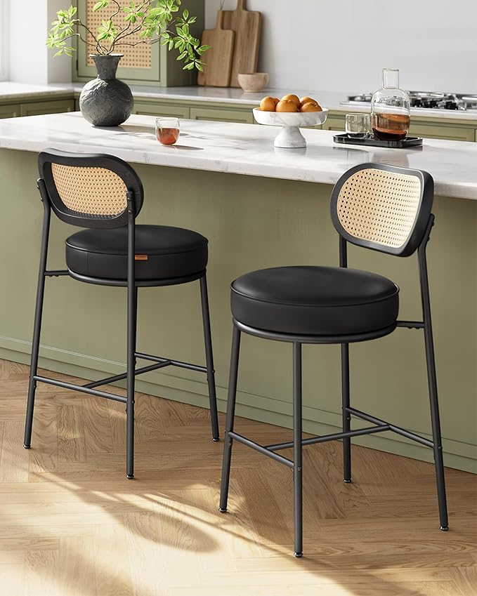 VASAGLE Bar Stools Set of 2, Bar Height Stools with Rattan Back and Metal Legs, 25.1-Inch Tall Counter Chairs, Modern Leather Upholstered Barstools for Kitchen Island Dining Room, Ink Black