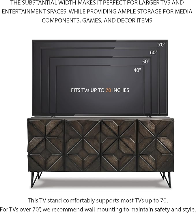 Signature Design by Ashley Chasinfield Urban Geometric Design TV Stand Fits TVs up to 70", 4 Cabinet Doors and 3 Adjustable Storage Shelves, Dark Brown