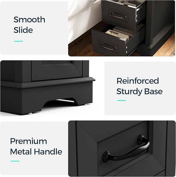 LINSY HOME Narrow End Table with Charging Station, Side Table with Glass Top, Open Shelf, and 2 Drawers, Small Sofa Table with Storage for Living Room, Black