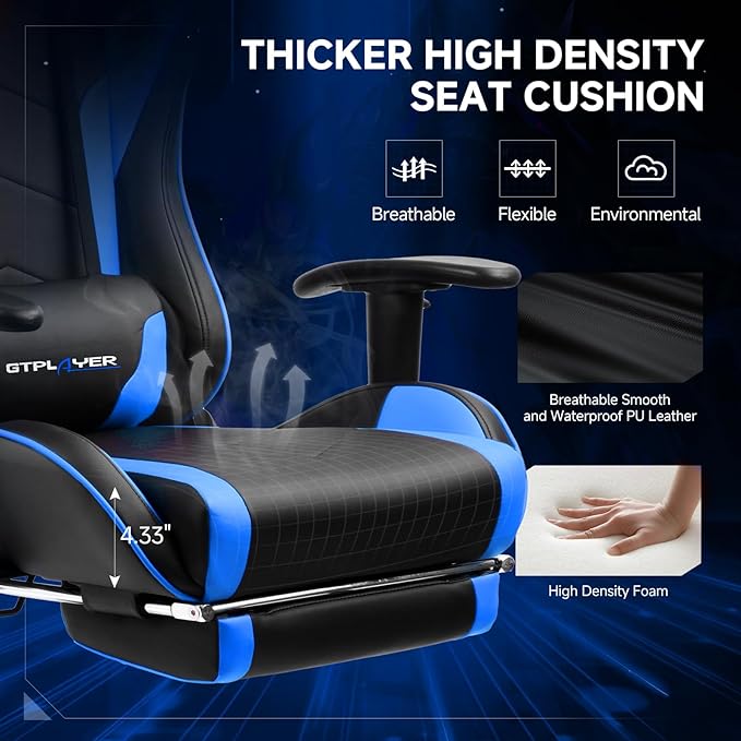 GTPLAYER Gaming Chair with Bluetooth Speakers and Footrest, Ergonomic Gamer Chair with Reclining Backrest, 3D Armrests, Adjustable Seat Height, Computer Desk Chair for Adults (Blue)