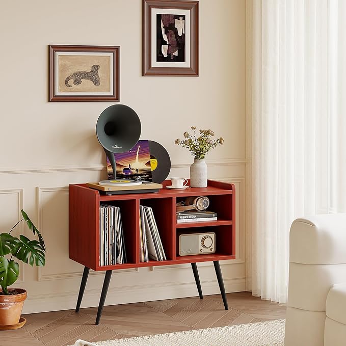 Record Player Stand with Vinyl Storage,Turntable Stand with Solid Wood Legs,Record Player Table Holds Up to 200 Albums,Vinyl Holder Storage Shelf for Bedroom Living Room,Walnut