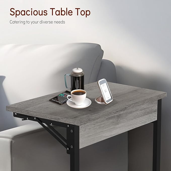 Tatub 24" Folding C Shaped End Table, Small Sofa Side Laptop Desk, Couch TV Tray Table for Living Room, Bedroom, Light Ivory