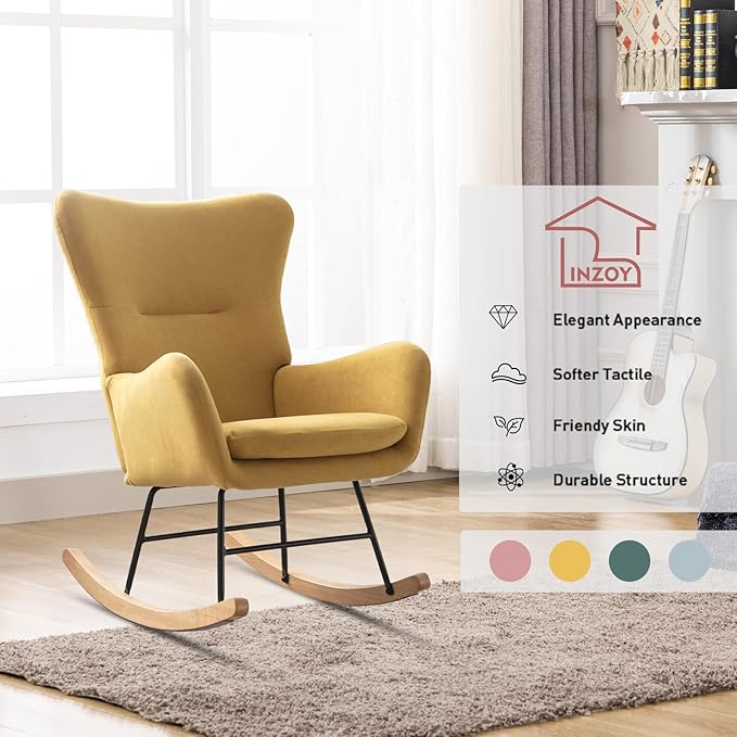 Phoenix Home Rocking Chair Nursery Velvet Upholstered Glider Rocker Rocking Accent Chair Padded Seat with High Backrest Armchair Comfy Side Chair for Living Room Bedroom Offices, Yellow