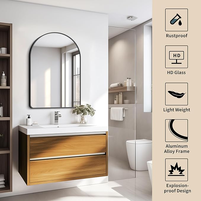 FORBATH Arched Bathroom Mirror 20x28 Inch, Bathroom Mirror Wall Mounted Modern Black Aluminum Alloy Frame Decor Dresser Mirror for Bedroom Living Room Entryway, Hanging or Leaning Against Wall
