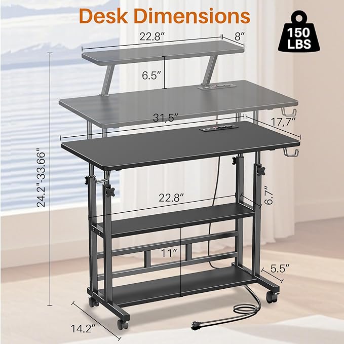 Adjustable Height Standing Desk with Power Outlets, Rolling Stand Up Desk with Monitor Stand and Storage Shelves, 31.5" Small Mobile Computer Desk, Portable Laptop Table (Black with Monitor Stand)