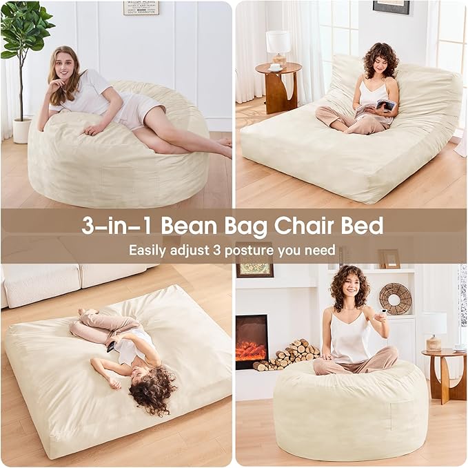 Bean Bag Chairs for Adults - Giant Bean Bag Chair Convertible Bean Bag Bed - Beanbag Chair with Micro Fiber Cover/Furniture Foam Filler - Floor Couch Sofa in Bedroom Dorm Room - Full Beige
