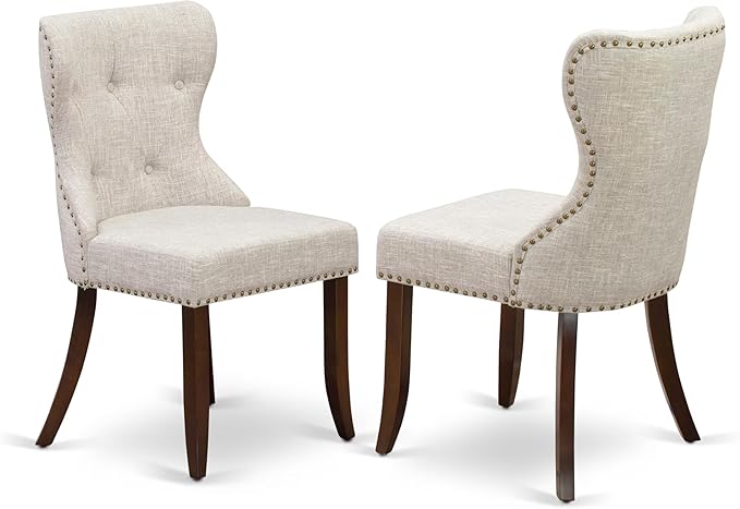 East West Furniture AMSI3-MAH-35 3 Piece Dining Room Table Set Contains a Round Kitchen Table with Pedestal and 2 Doeskin Linen Fabric Parson Dining Chairs, 36x36 Inch, Mahogany