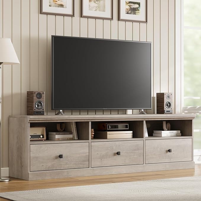 GarveeHome TV Stand for 65/70/75 Inch TV, Entertainment Center with Storage Drawer, Mid-Century Modern TV Console with Open Shelves, 70in Media TV Cabinet for Living Room, Bedroom, Gray