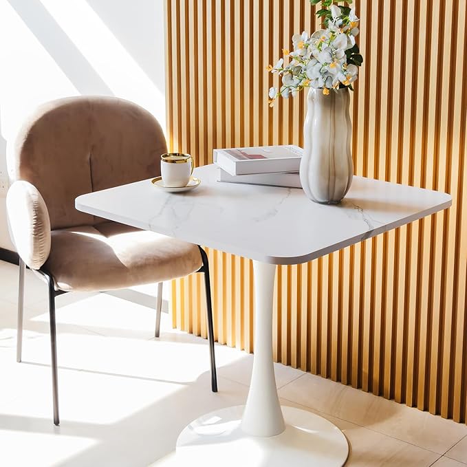 Square Modern Dinning Table 30 inches for 2-4 Bistro Tulip Table with Faux Marble top,Easy Assemble,Sturdy Metal Frame Diameter 30in*H28.74in(White, 30in)