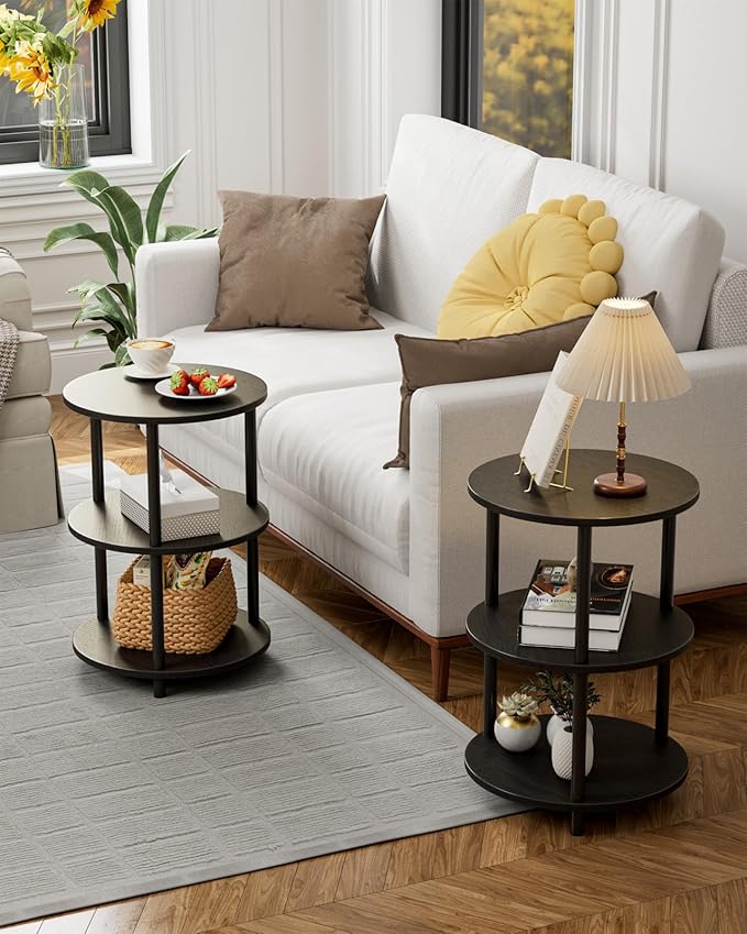 Small Round End Table - 3 Tier Design Accent Table, Narrow Side or Bedside Stand, Industrial Vintage Nightstand for Bedroom, Living Room, or Small Spaces, Set of 2, Charcoal Wenge