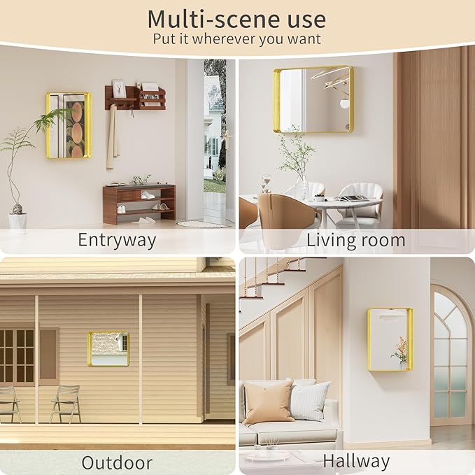 Koonmi Gold Bathroom Mirror for Wall, 22x30 Inch Matte Metal Deep Framed Rounded Corner Wall Mirror, Shatterproof Tempered Glass for Farmhouse Bedroom Entryway, Vertically or Horizontally