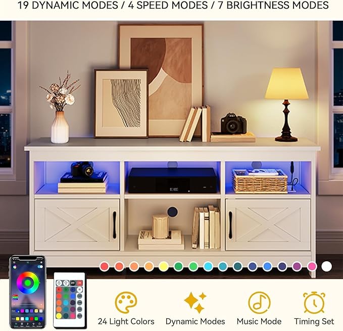DWVO White TV Stand for 65 Inch TV, Entertainment Center, TV Cabinet with Power Outlet & LED Light Strip, Media Console Television Stands, Living Room Furniture 59 Inch