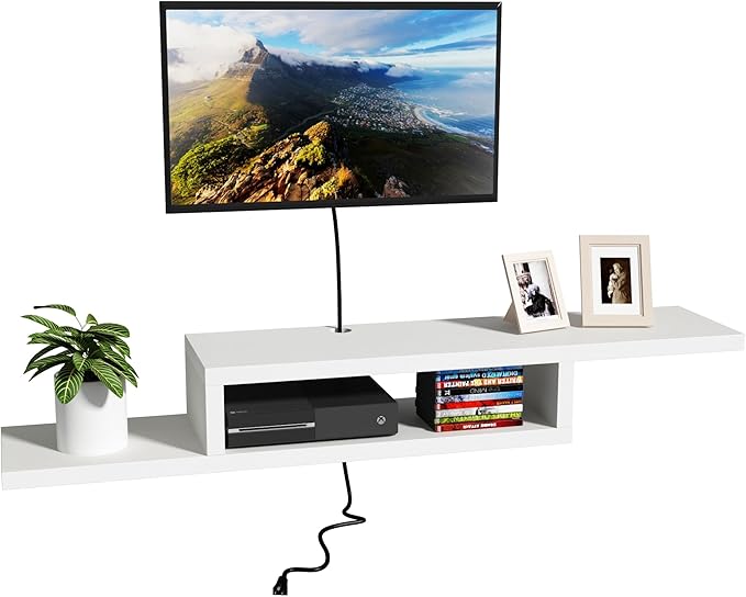 ChooChoo Wall Mounted TV Stand, Media Console Stand, 60” TV Storage Shelf, Floating TV Stand Entertainment Shelf for Living Room, Bedroom, White
