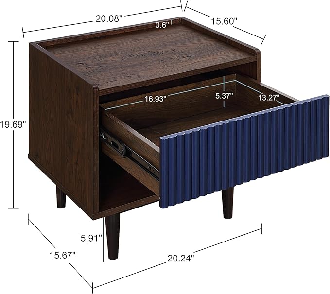 Manhattan Comfort Duane Modern Ribbed Nightstand, Bedside Table with Full Extension Drawer and Open Shelf, Industrial Chic Living Room and Bedroom Furniture, Navy Blue