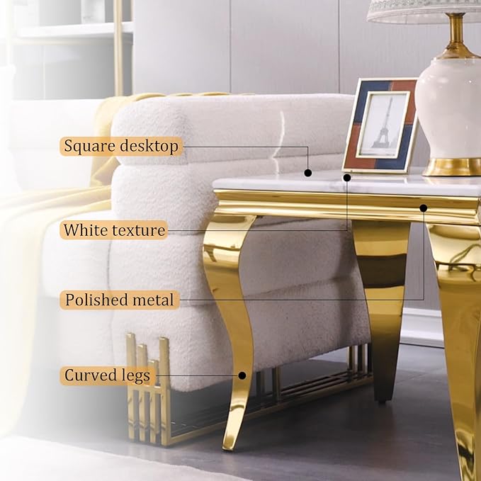Gold End Table Set of 2, Modern White Living Room Side Table with Gold Metal Cabriole Legs, Square End Table for Sofa Couch, Living Room, Bedroom, Office