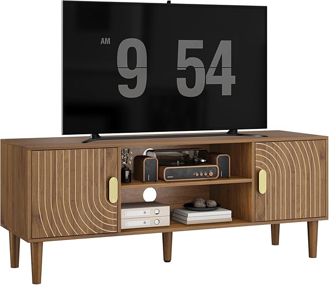 Smuxee Walnut TV Stand with Line Groove Design, 47.2" Mid Century Modern TV Media Console for TVs up to 55", TV Cabinet with Adjustable Shelf & 2 Cabinets for Living Room