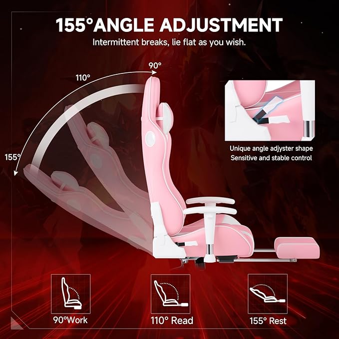 GTPLAYER Gaming Chair with Bluetooth Speakers and Footrest, Ergonomic Gamer Chair with Reclining Backrest, 3D Armrests, Adjustable Seat Height, Computer Desk Chair for Adults (Pink)