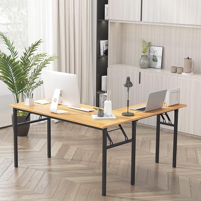 DlandHome Reversible L-Shaped Desk Large Corner Desk Folding Table Computer Desk Home Office Table Computer Workstation, Teak DND-ND11-TB