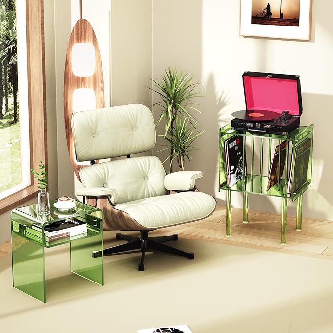 Acrylic Record Player Stand, with Vinyl Storage, Clear Acrylic Side Table, Pink (Green)
