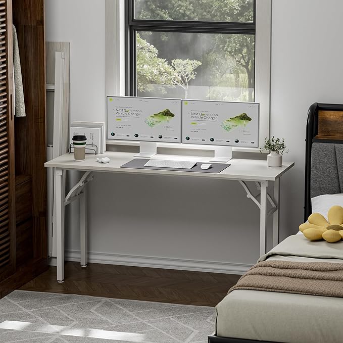 TEMI Long Computer Desk Folding Table - 55.1" Foldable Office Desk, No Assembly, Perfect Writing Table for Bedroom or Apartment, Portable Large Desk or Study Table with Compact Design, White Ash