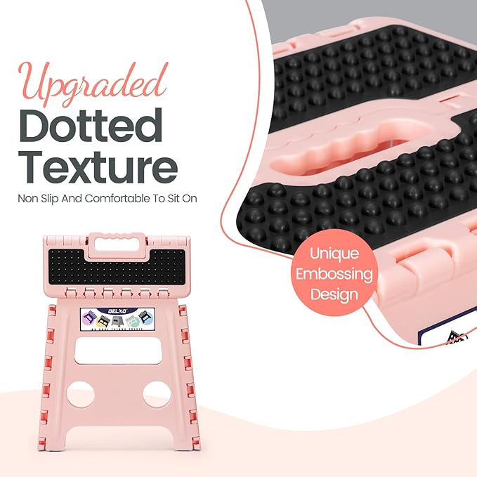 Delxo Folding Step Stool 13 Inch,Non-Slip Foldable Stools for Up to 300 LBS,Kitchen Collapsible Fold Up Stepping Stool with Dotted 1 Pack,Pink