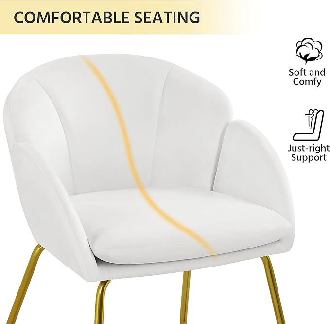 Yaheetech Modern Velvet Vanity Chair Armchair, Flower Shaped Makeup Chair with Golden Metal Legs for Living Room/Makeup Room/Bedroom/Home Office/Kitchen, White