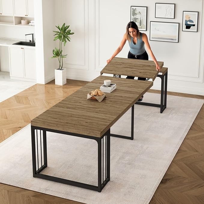 KEIKI 23.62" - 118" L Extendable Foldable Dining Room Table for 2-10 People, Wood Modern Rustic Rectangle Expandable Kitchen Living Meeting Room Furniture, 5 Tabletop Length Options