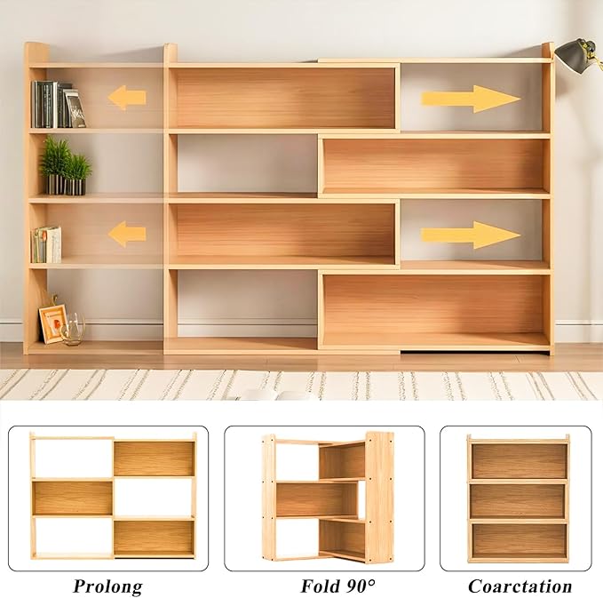 Wooden Extendable Bookcase,Open Low Bookshelf, 4-Shelf Storage Unit, Freestanding Bookcase for Small Spaces or Corners, Stylish Shelves for Living Room and Office (Wood Color, L)