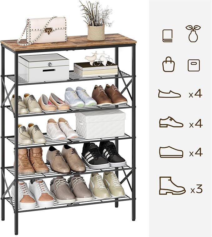 6-Tier Shoe Rack, Shoe Storage Organizer for Closet, Free Standing Shoe Organizer with Metal Mesh Shelves, 24 Pairs of Shoes, Rustic Brown and Black SS06BR