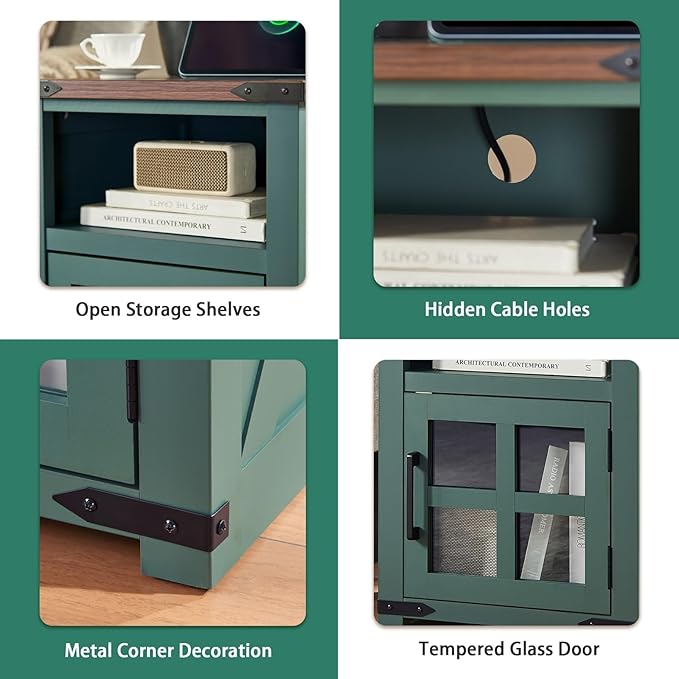 Farmhouse Nightstand with Charging Station, Rustic End Table with Tempered Glass Barn Door, Wood Sofa Side Bedside Table with Open Storage Shelf for Living Room, Bedroom, Green