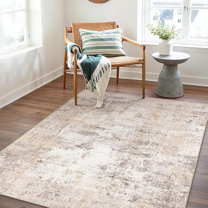 3x4 Washable Area Rug Beige Grey Neutral Abstract Entryway Kitchen Non Slip Low Pile Throw Rug Living Room Bedroom Indoor Doormat Small Soft Carpet for Entrance Bathroom