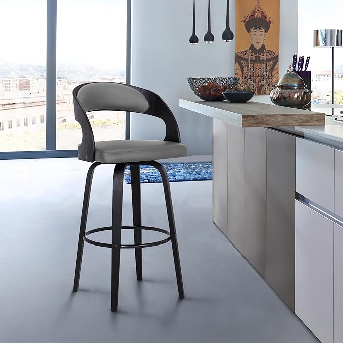 Armen Living Shelly 30" Bar Height Swivel Gray Faux Leather and Black Wood Bar Stool - Set of 2