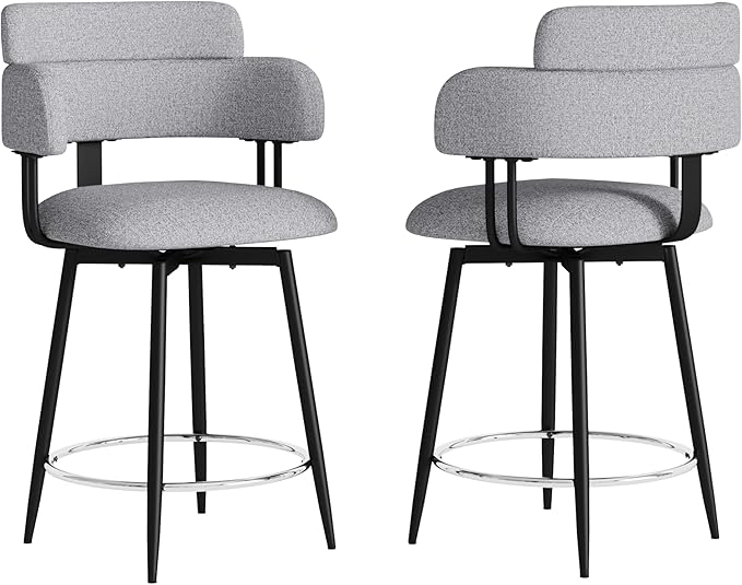Swivel Bar Stools Set of 2, Counter Height Bar Stools with Ergonomic Full Back, Upholstered Linen Fabric Barstools with Chrome Metal Footrest for Kitchen Island, Dining Room