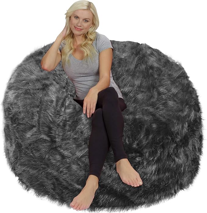 Chill Sack Bean Bag Chair - 5' Giant Memory Foam Lounge Chair with Soft Microfiber Cover – Cozy Furniture for Living Room, Dorm, & Kids' Rooms – Comfortable 5 Ft, Faux Long Fur Lounge Sofa, Gray