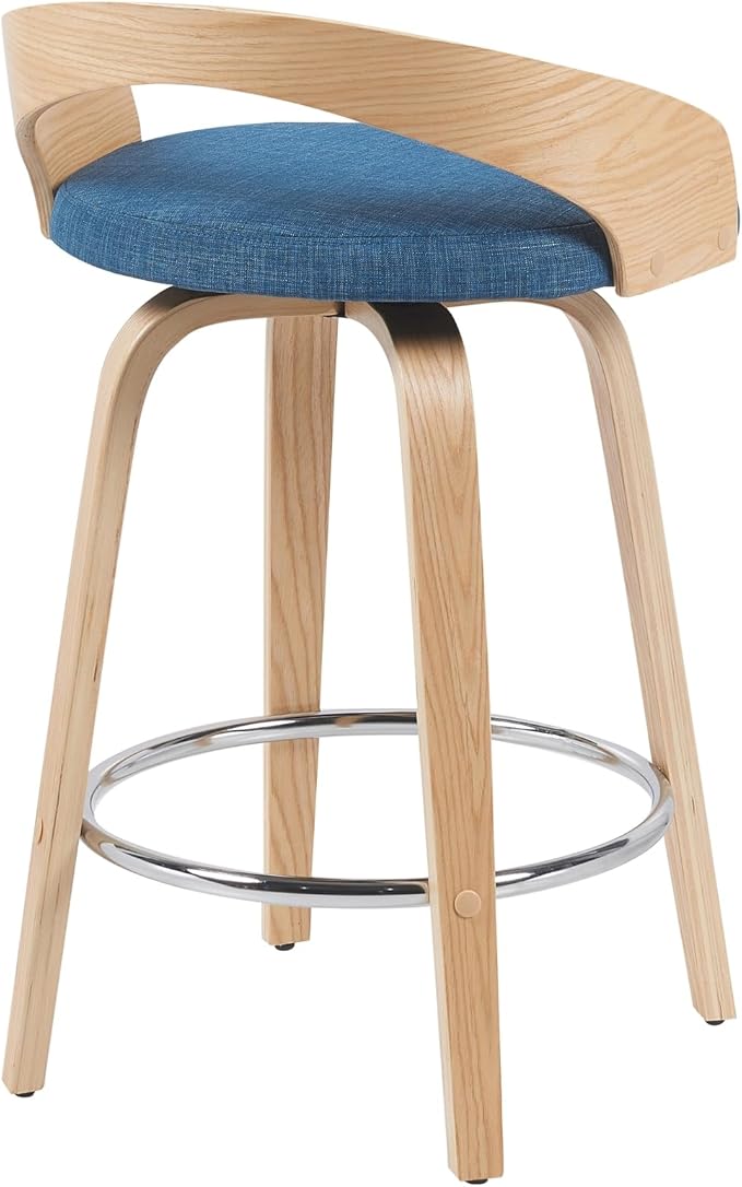 Sonia Modern Swivel Counter Height Bar Stool with Blue Upholstered Seat and Patterned Oak Wood Finish Set of 4