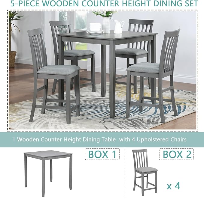 KEIKI 5-Piece Counter Height Dining Table Set with Square Table and 4 Upholstered Vertical Slatted Backrset Chair, for 4 Person, Modern Wooden Table Set, Easy Assembly, for Kitchen, Dining Room, Gray